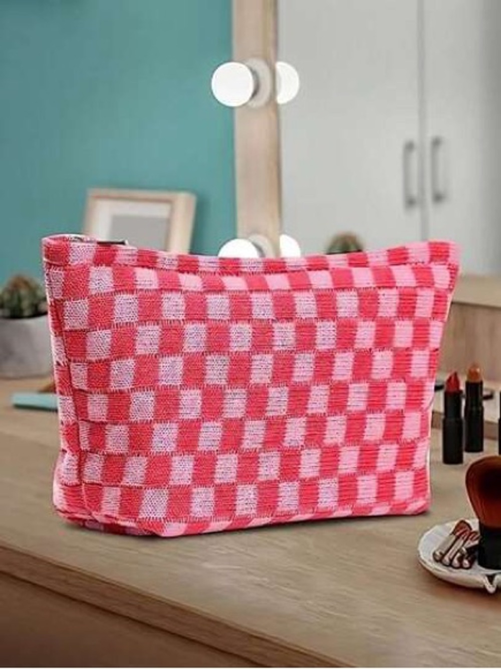 Pink Checkered Cosmetic Pouch – Women’s Makeup Bag